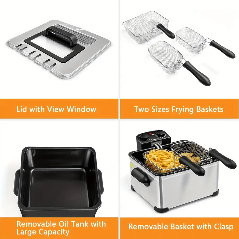 【Factory Direct】Stainless steel electric deep fryer with window lid, adjustable temperature and timer, 1800W power for perfectly fried chicken, shrimp, French fries, and more