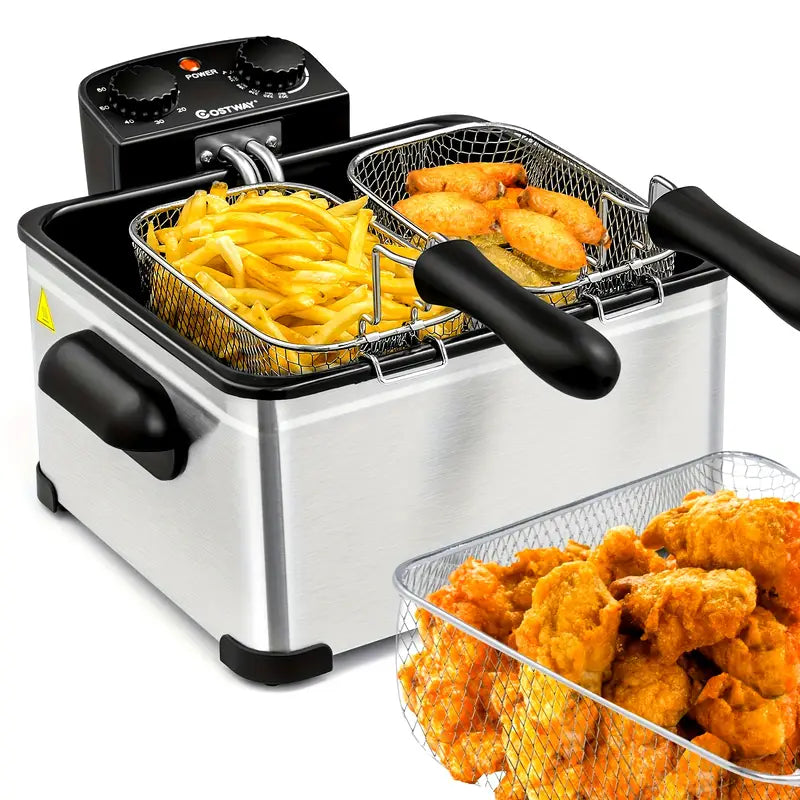 【Factory Direct】Stainless steel electric deep fryer with window lid, adjustable temperature and timer, 1800W power for perfectly fried chicken, shrimp, French fries, and more