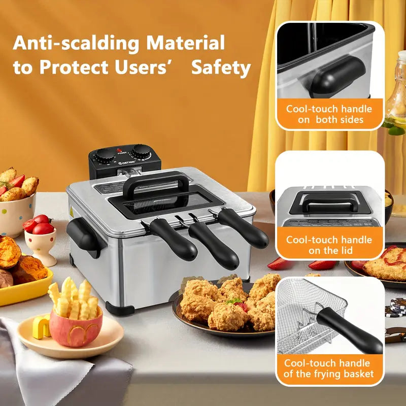 【Factory Direct】Stainless steel electric deep fryer with window lid, adjustable temperature and timer, 1800W power for perfectly fried chicken, shrimp, French fries, and more