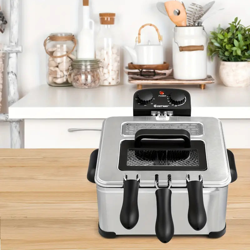 【Factory Direct】Stainless steel electric deep fryer with window lid, adjustable temperature and timer, 1800W power for perfectly fried chicken, shrimp, French fries, and more