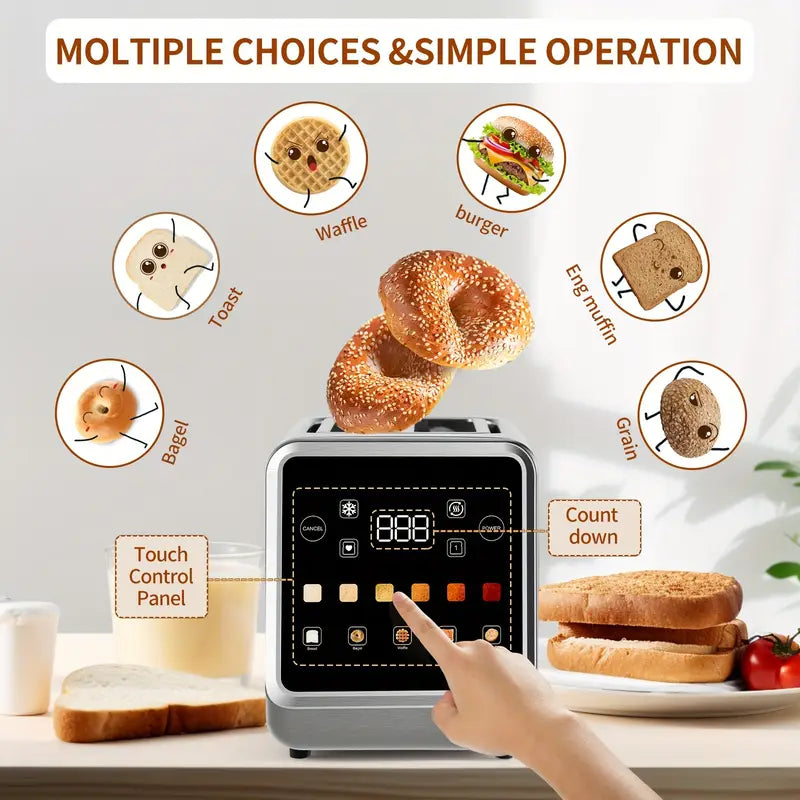 【Touchscreen Toaster】 2-slice toaster with digital timer, 6 bread types and 6 color settings