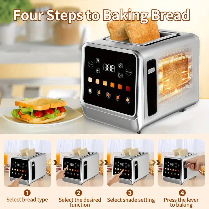 【Touchscreen Toaster】 2-slice toaster with digital timer, 6 bread types and 6 color settings