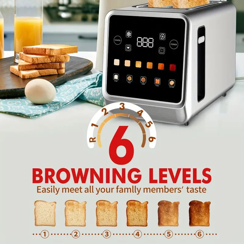 【Touchscreen Toaster】 2-slice toaster with digital timer, 6 bread types and 6 color settings