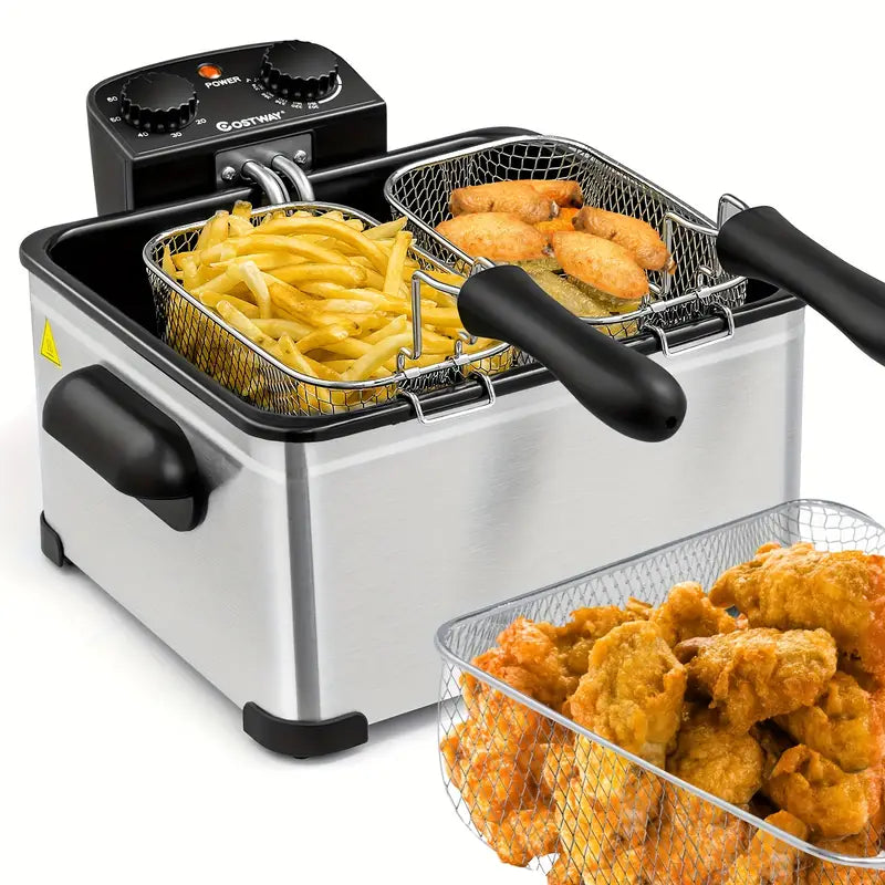【Factory Direct】Stainless steel electric deep fryer with window lid, adjustable temperature and timer, 1800W power for perfectly fried chicken, shrimp, French fries, and more