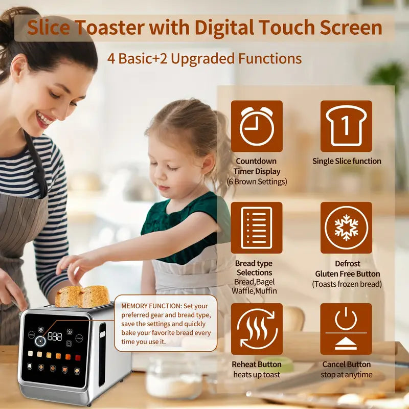 【Touchscreen Toaster】 2-slice toaster with digital timer, 6 bread types and 6 color settings