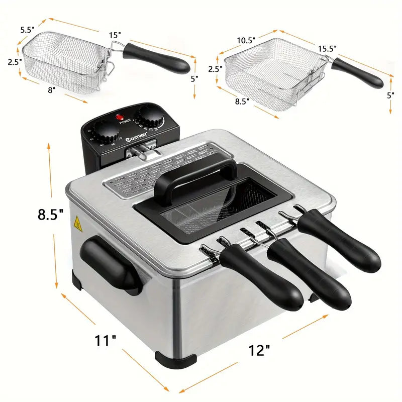 【Factory Direct】Stainless steel electric deep fryer with window lid, adjustable temperature and timer, 1800W power for perfectly fried chicken, shrimp, French fries, and more